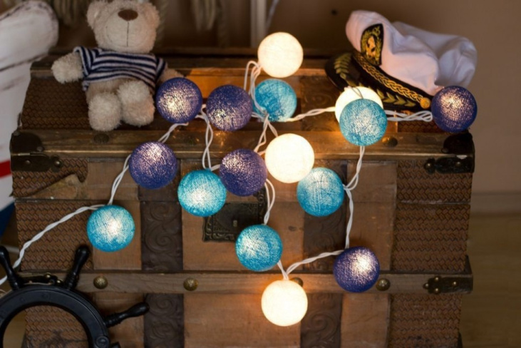 картинка Световая гирлянда из тёмно-голубых и тёмно-синих нитяных шариков