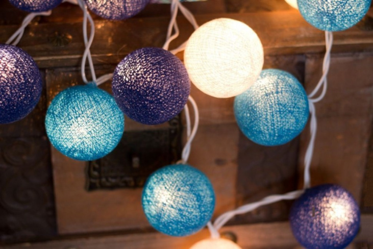 картинка Световая гирлянда из тёмно-голубых и тёмно-синих нитяных шариков